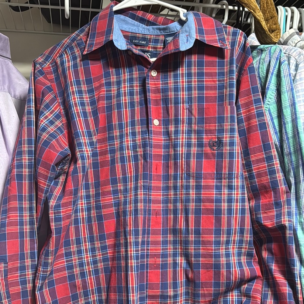 Izod Men's Red and Blue Plaid Shirt